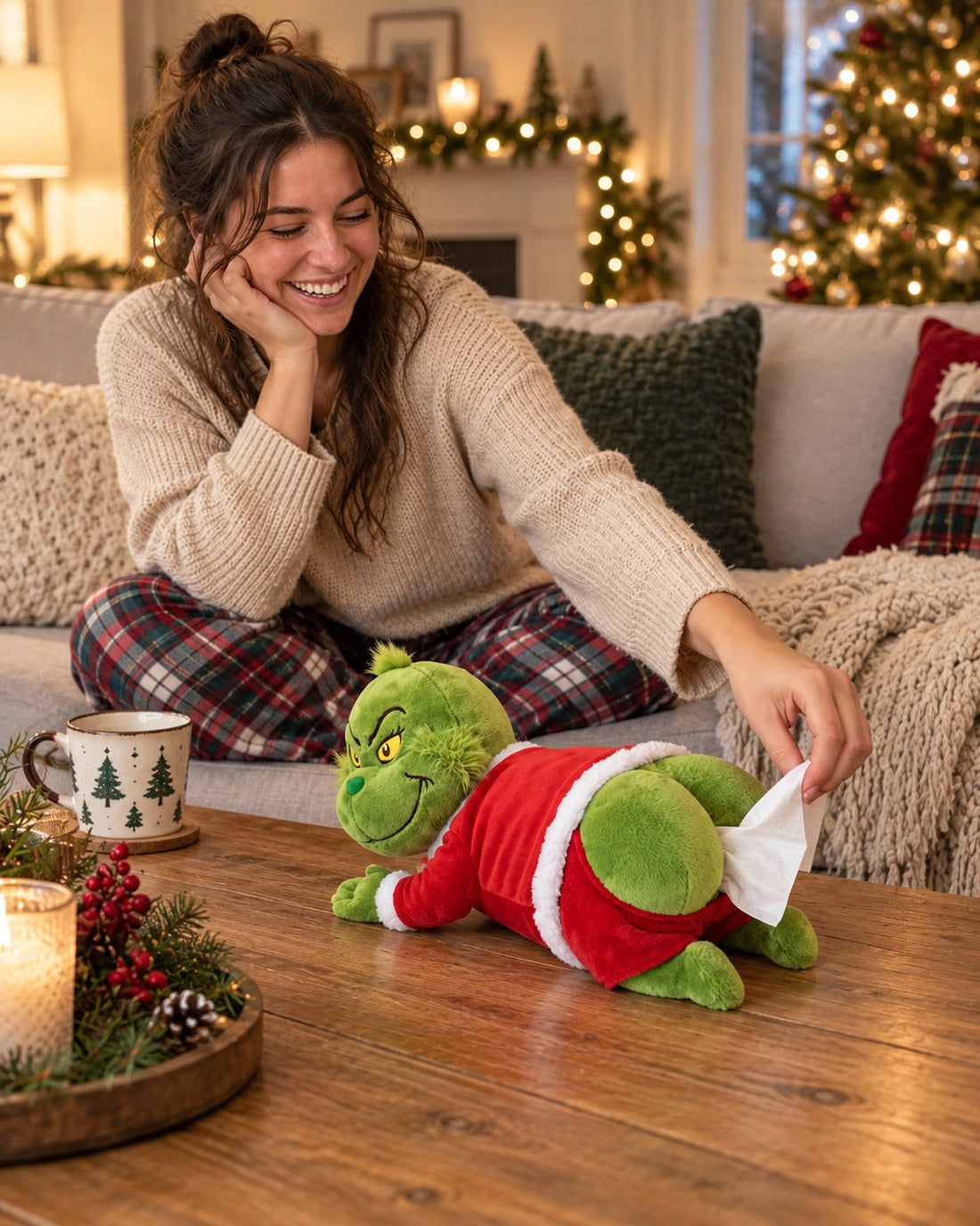 A woman laughing while she pulls a tissue from the plush's rear