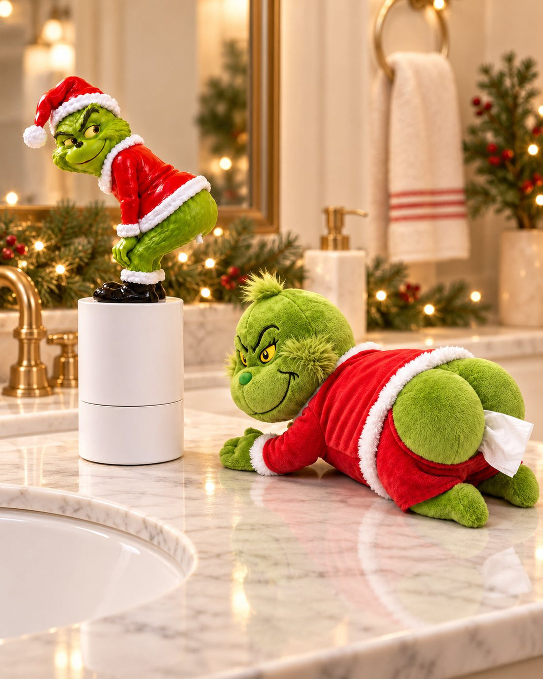 The plush tissue holder and the matching soap dispenser side by side on a bathroom counter
