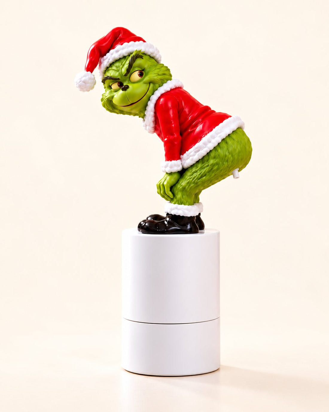 The Grumpy Rump tooting soap dispenser: a green figure in a Santa hat bending over on a white base